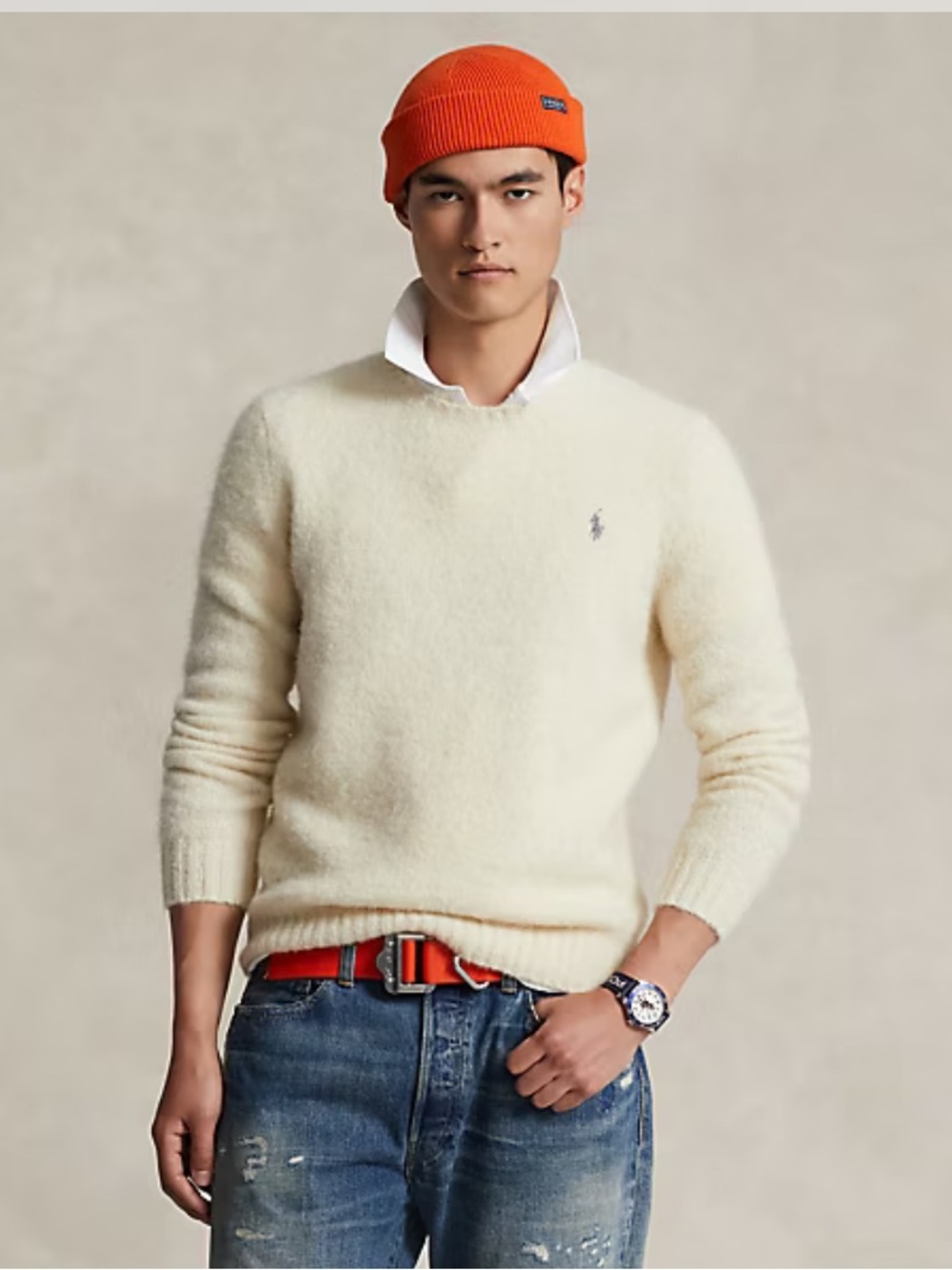 Polo Ralph Lauren Wool Alpaca Blend Textured Crewneck Sweater Men Large Ivory